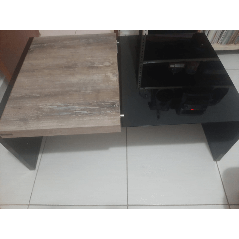 Mesa de Centro Retangular com Tampo Bicolor – Madeira Rústica e Preto Brilhante